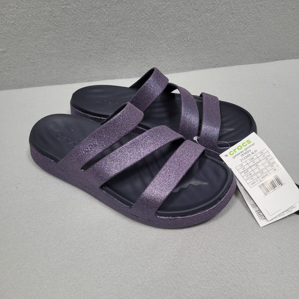 Crocs Getaway Glimmer Strappy Sandals Purple Glitter Platform Slides Size 7